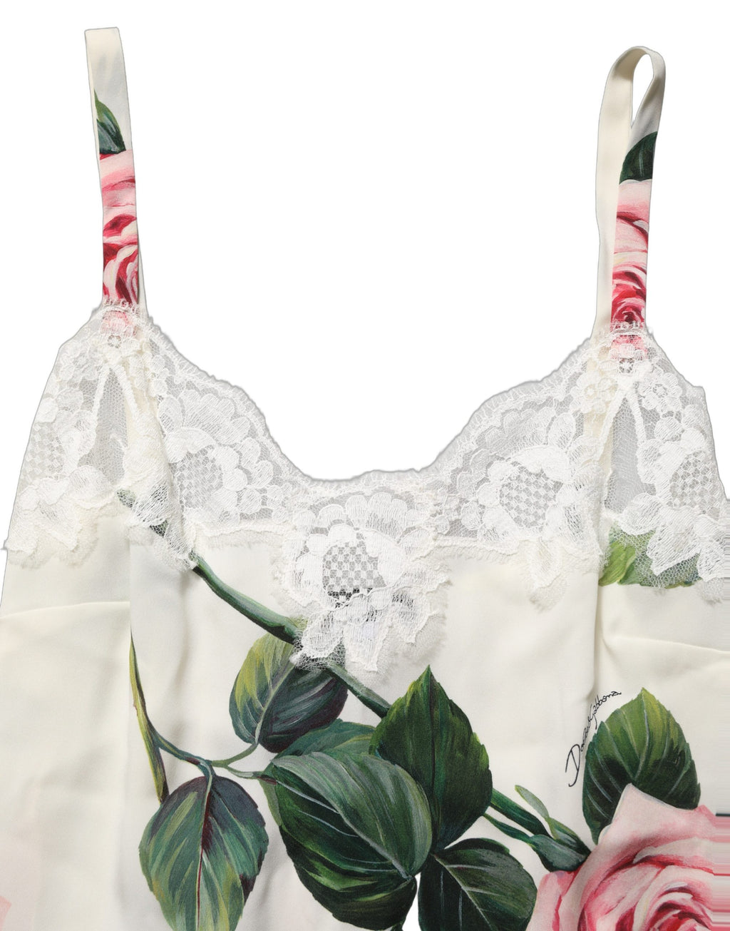White Rose Print Lace Silk Camisole Tank Top