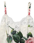 White Rose Print Lace Silk Camisole Tank Top
