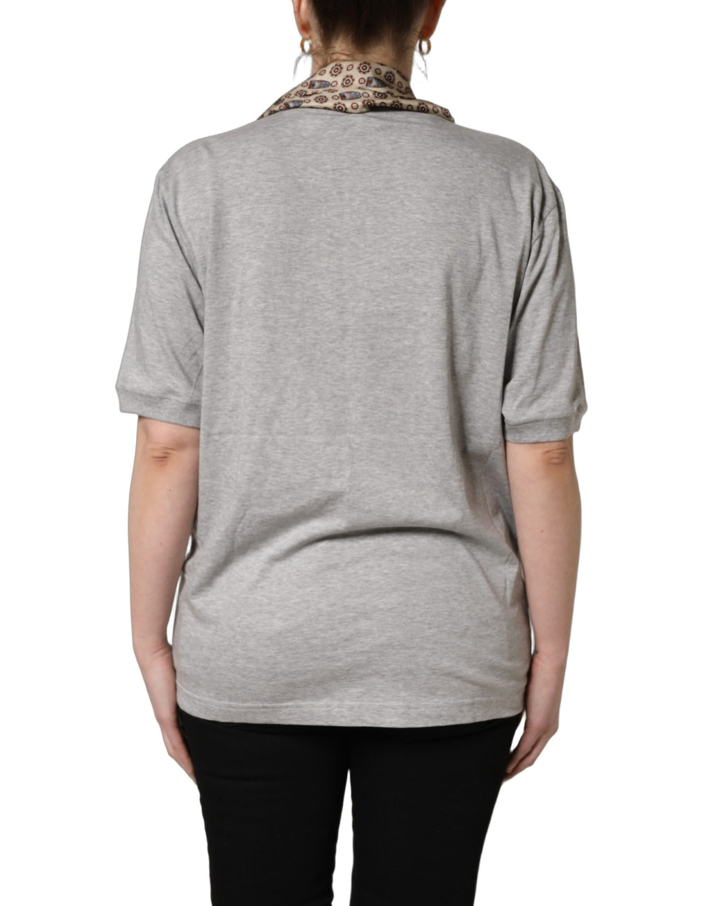 Gray Cotton V-neck Owl Silk Scarf Top T-shirt