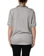 Gray Cotton V-neck Owl Silk Scarf Top T-shirt