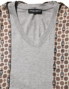 Gray Cotton V-neck Owl Silk Scarf Top T-shirt