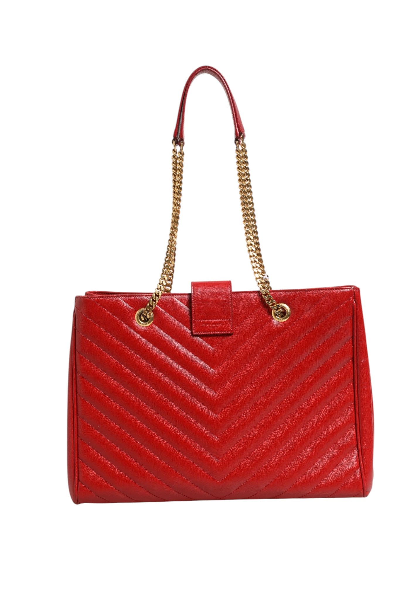 Red Chevron Quilted Grained Leather Monogram Tote Bag