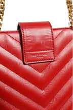 Red Chevron Quilted Grained Leather Monogram Tote Bag
