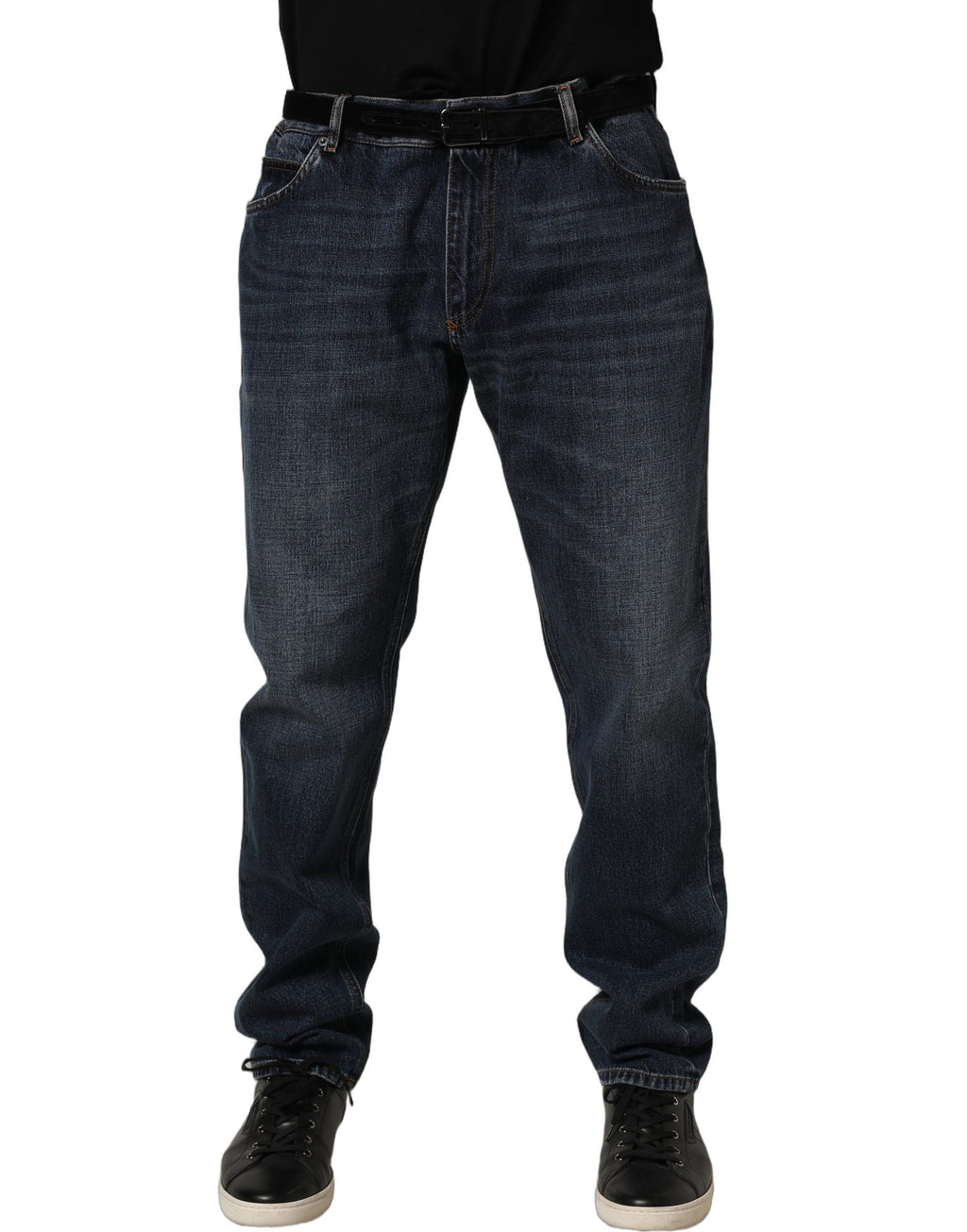 Dark Blue Washed MidWaist Straight Denim Jeans
