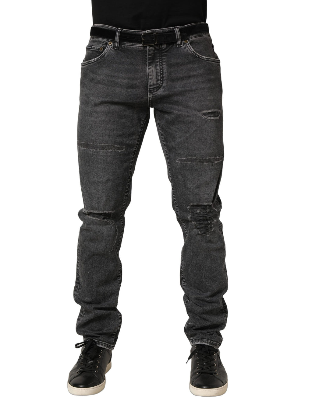 Dark Grey Distressed Mid Waist Denim Jeans
