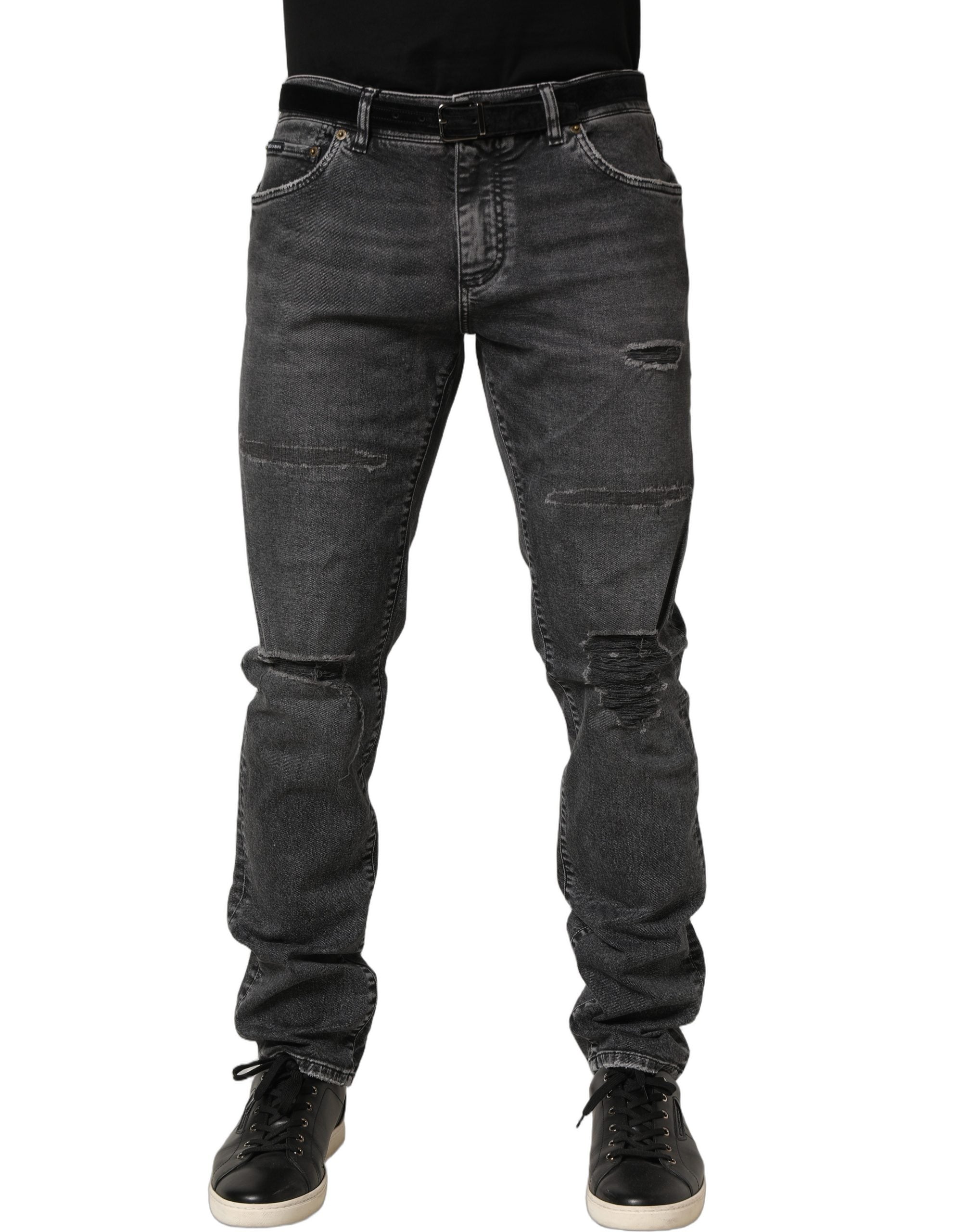 Dark Grey Distressed Mid Waist Denim Jeans