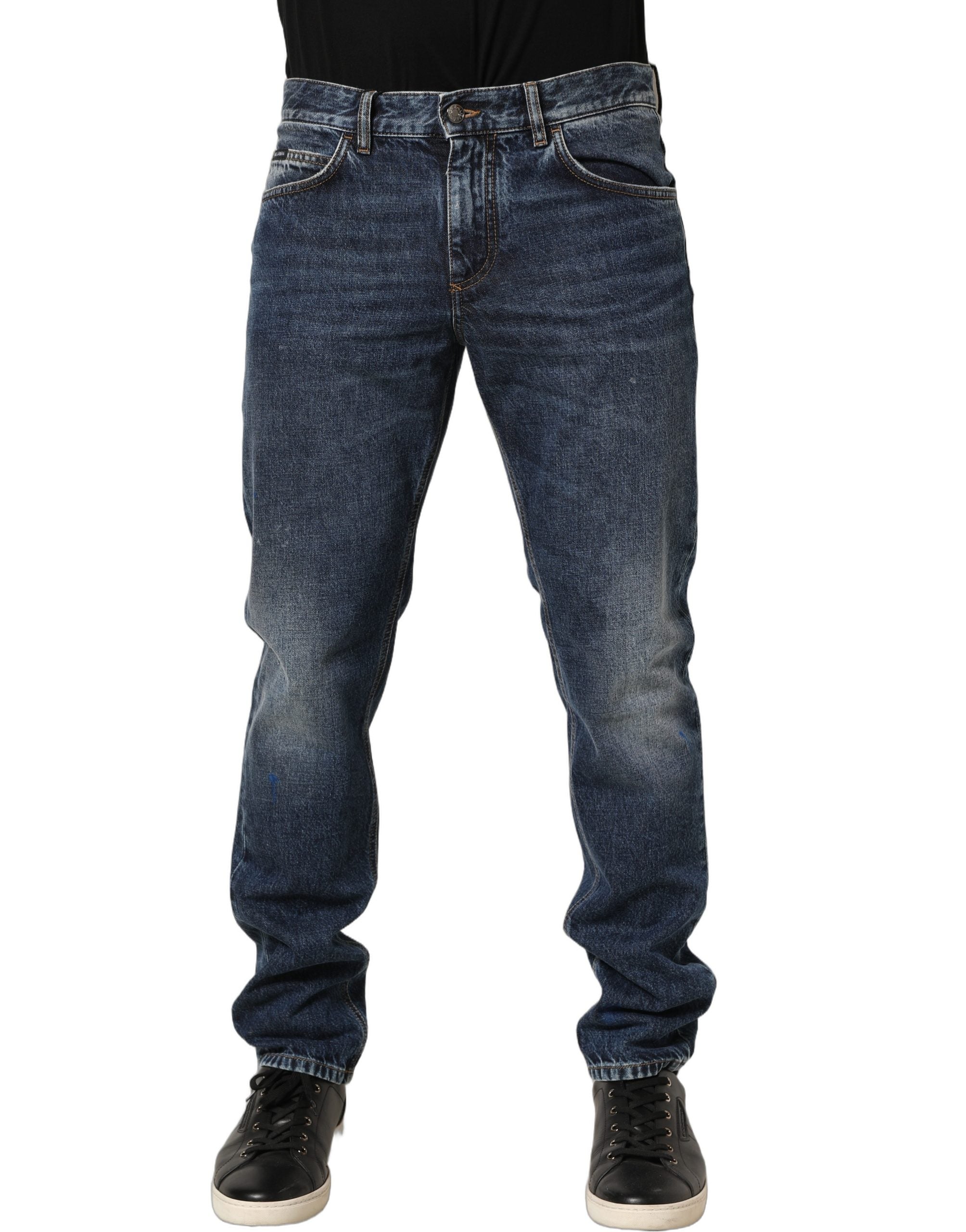 Dark Blue Washed Mid Waist Straight Men Denim Jeans