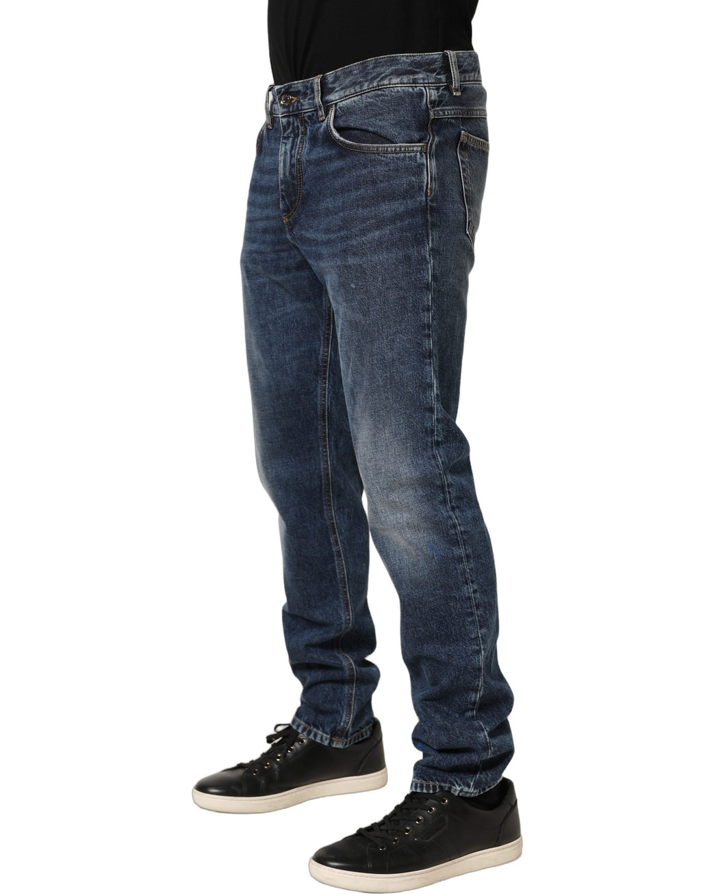 Dark Blue Washed Mid Waist Straight Men Denim Jeans