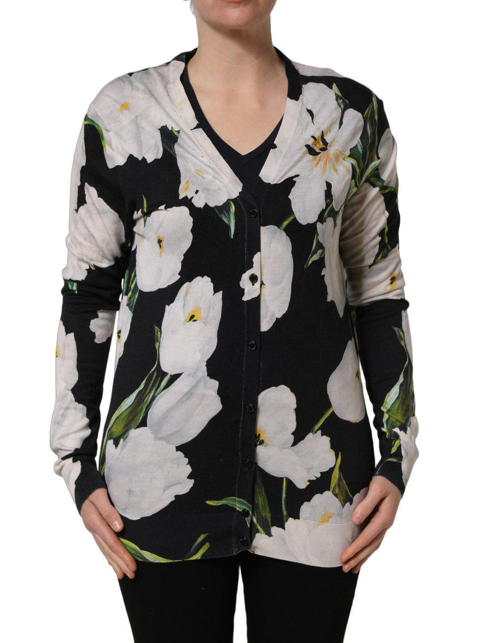 Black Floral Cashmere Silk Cardigan Sweater