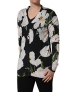 Black Floral Cashmere Silk Cardigan Sweater