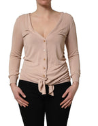 Beige Ribbed V-neck Front Tie Cardigan Sweater
