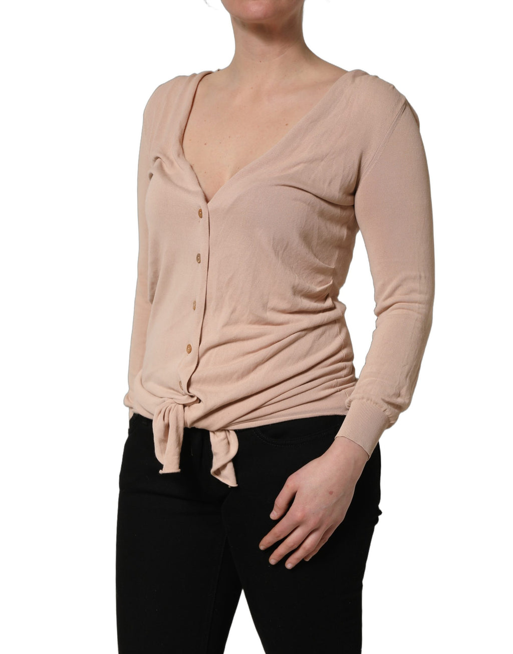 Beige Ribbed V-neck Front Tie Cardigan Sweater