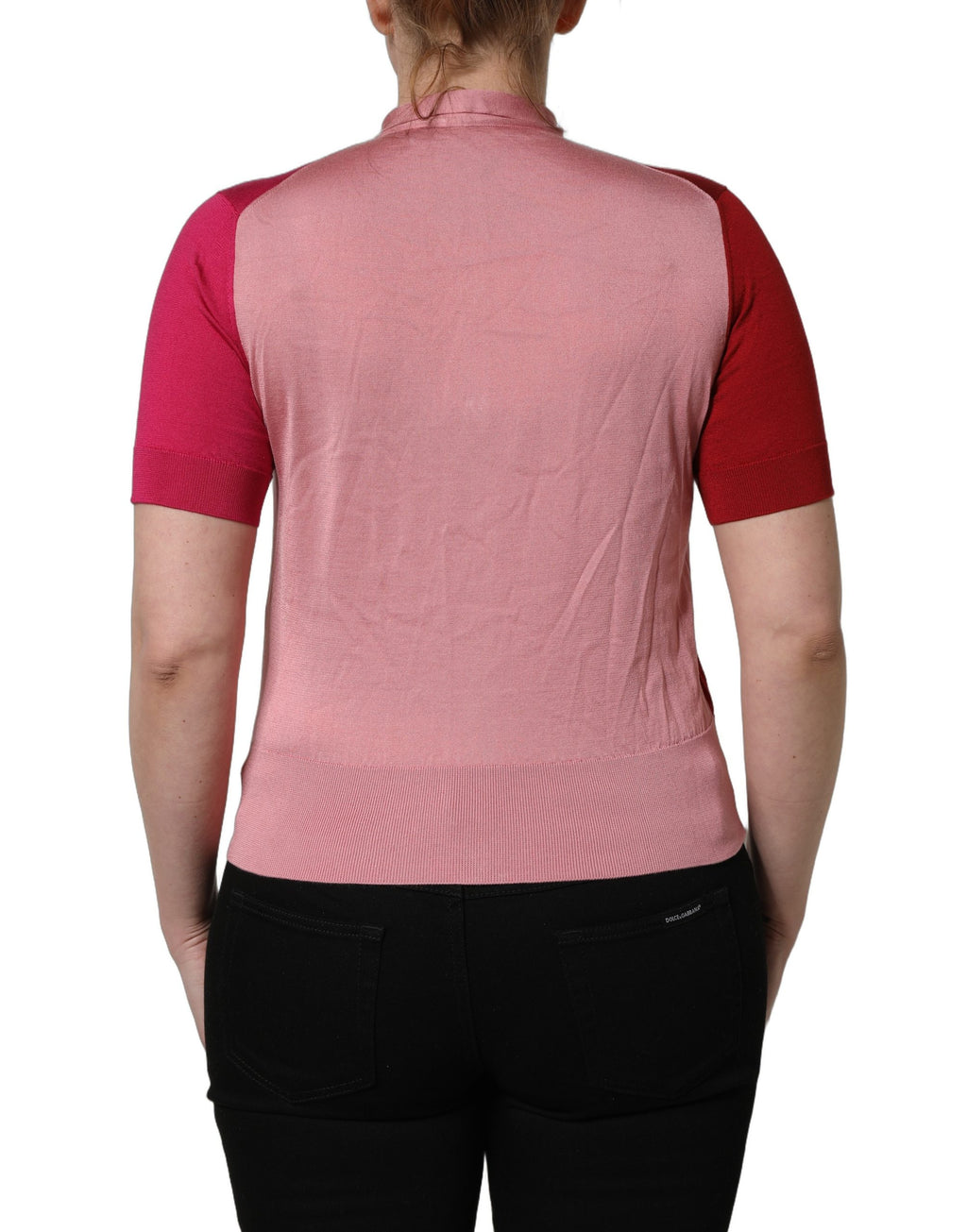Pink Short Sleeves Buttoned Ascot Collar Top