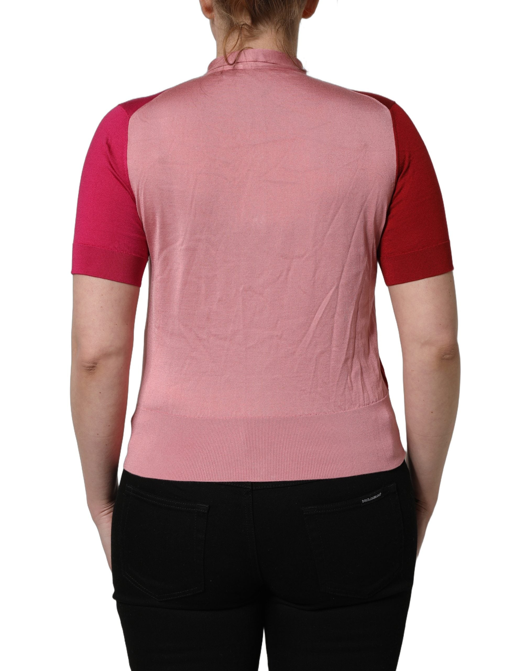 Pink Short Sleeves Buttoned Ascot Collar Top