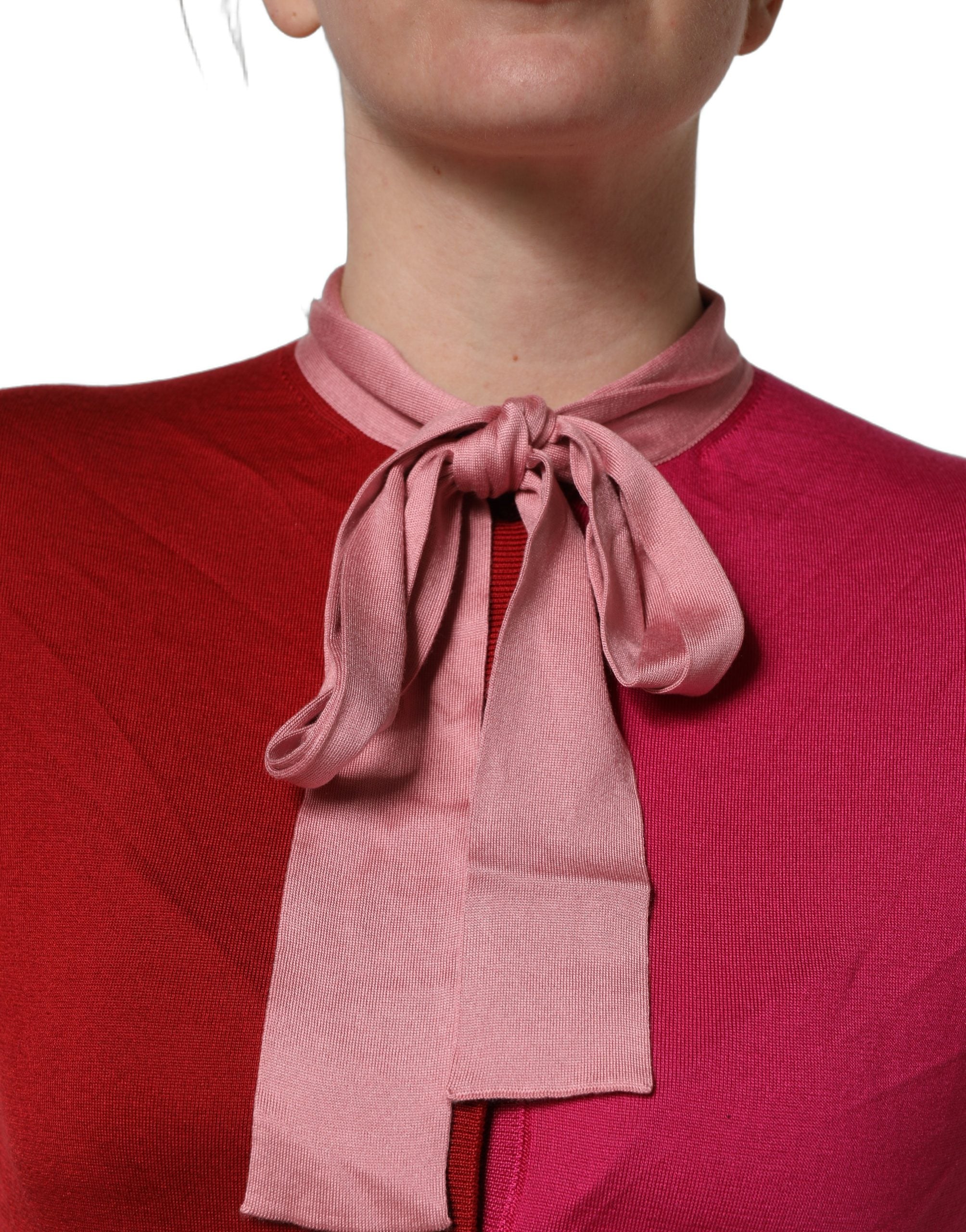 Pink Short Sleeves Buttoned Ascot Collar Top