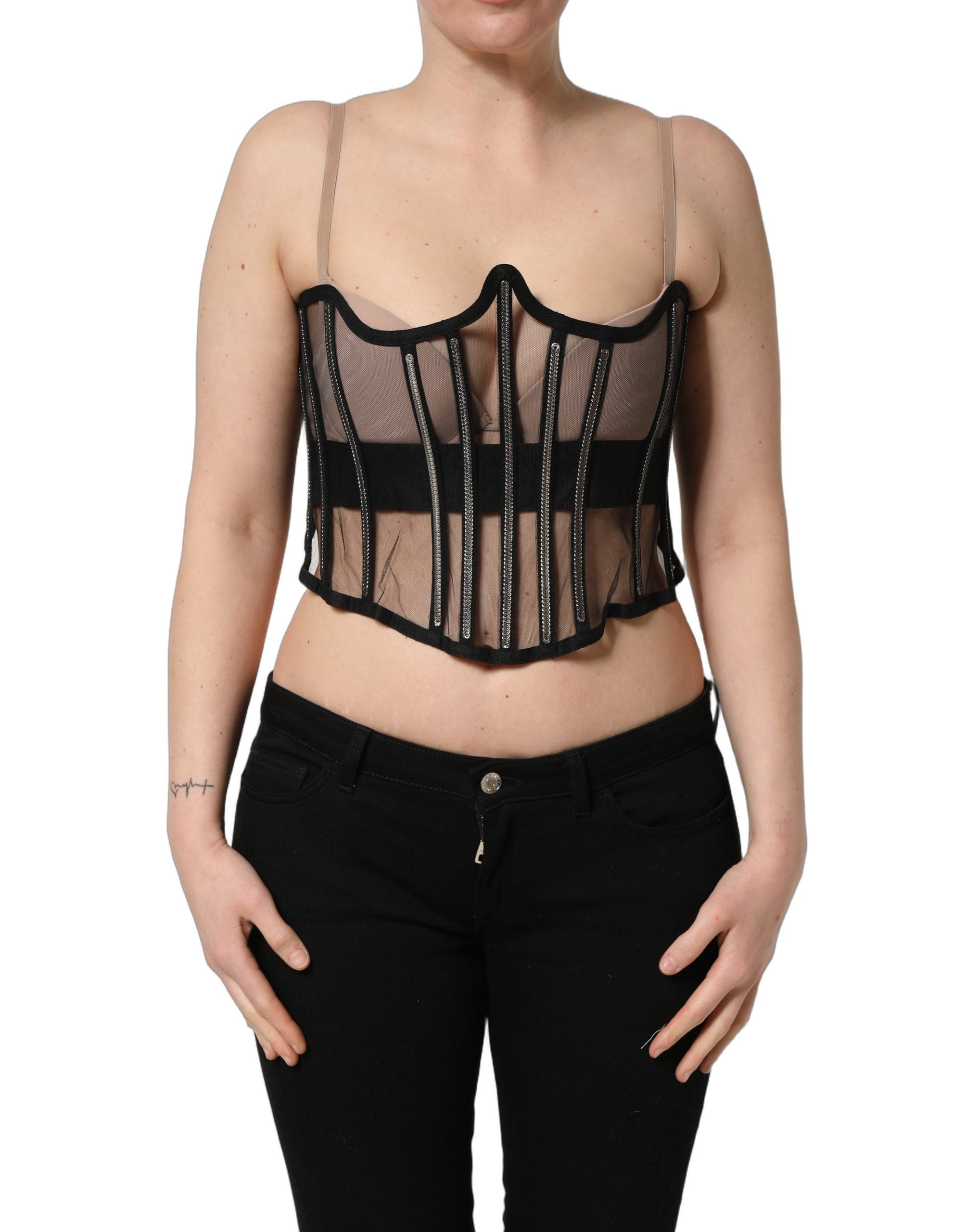 Black Sheer Tulle Bodysuit Cropped Corset Top