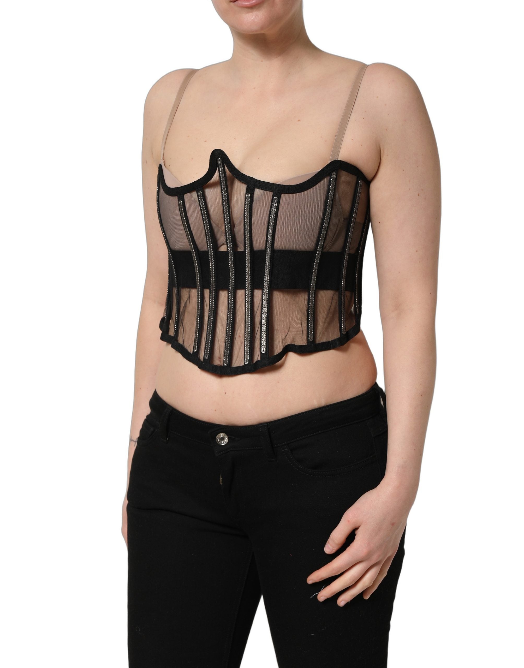 Black Sheer Tulle Bodysuit Cropped Corset Top