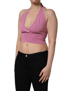 Pink Halter Neck Fitted Cropped Tank Top