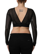 Black Nylon Fishnet Long Sleeve Cropped Top