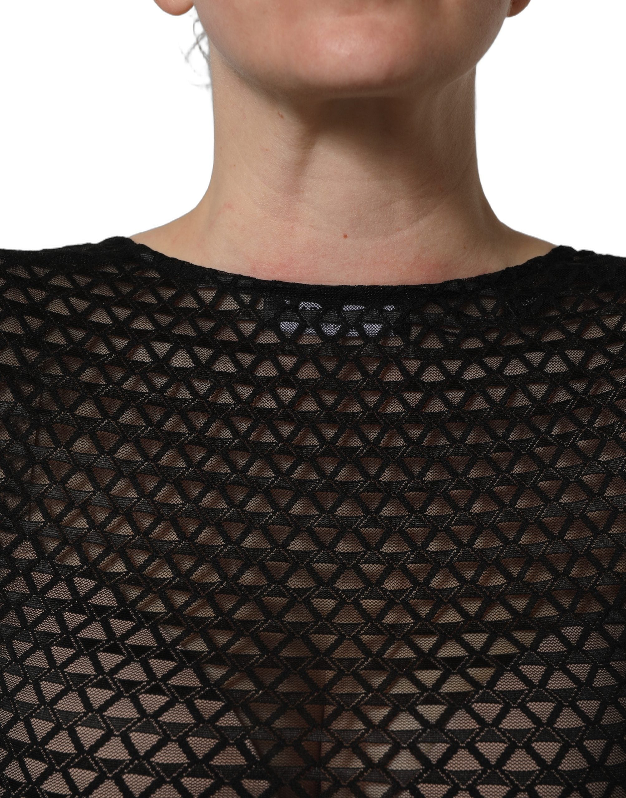 Black Nylon Fishnet Long Sleeve Cropped Top
