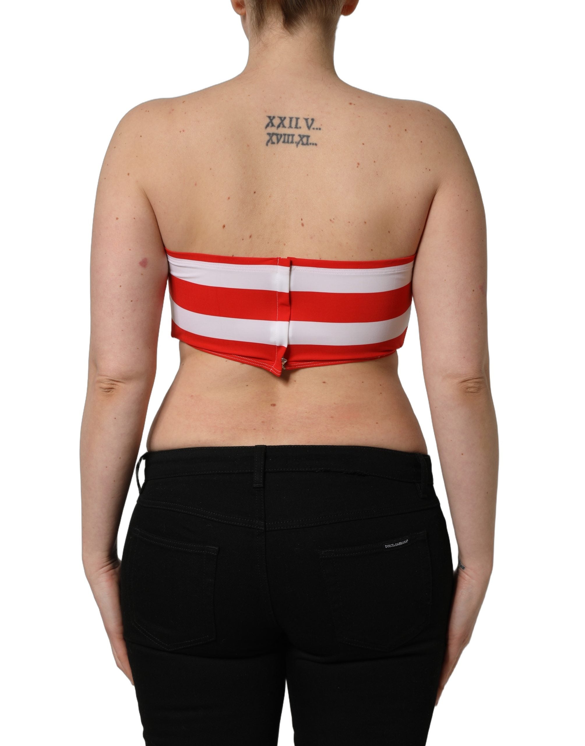 White Red Nylon Striped Ribbed Tube Crop Top
