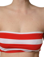 White Red Nylon Striped Ribbed Tube Crop Top
