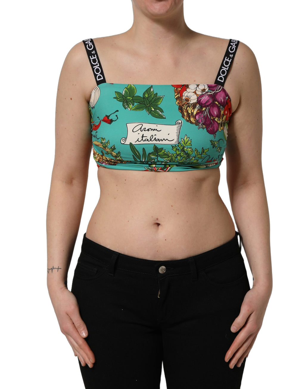 Turquoise Vegetable Print Silk Crop Tank Top