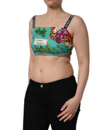Turquoise Vegetable Print Silk Crop Tank Top