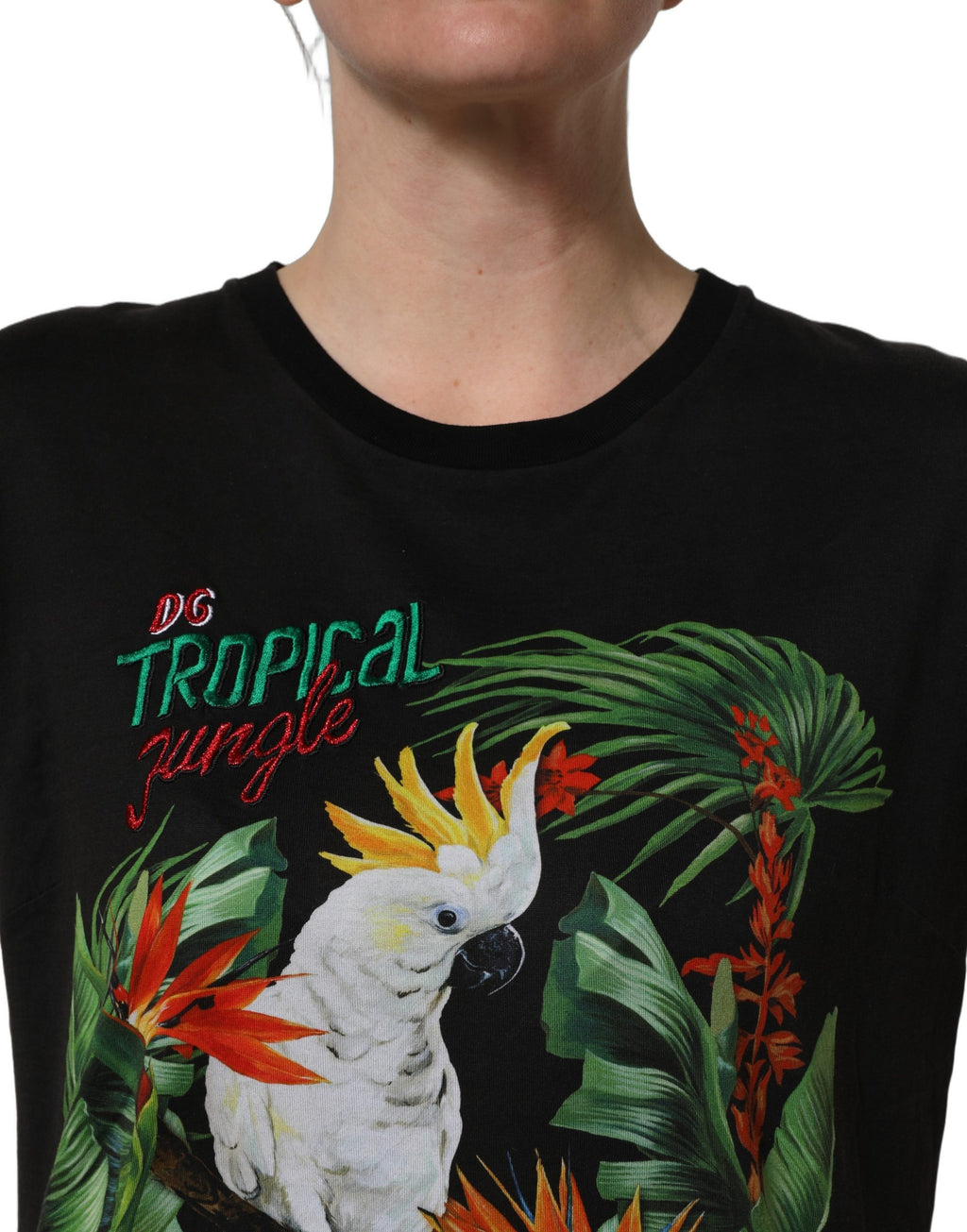 Black Tropical Jungle Round Neck T-shirt