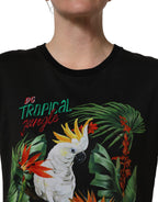 Black Tropical Jungle Round Neck T-shirt