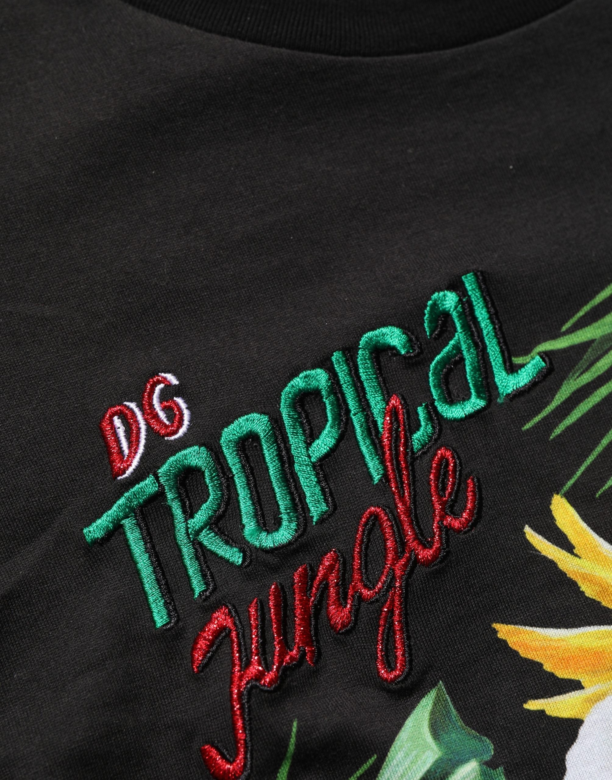 Black Tropical Jungle Round Neck T-shirt