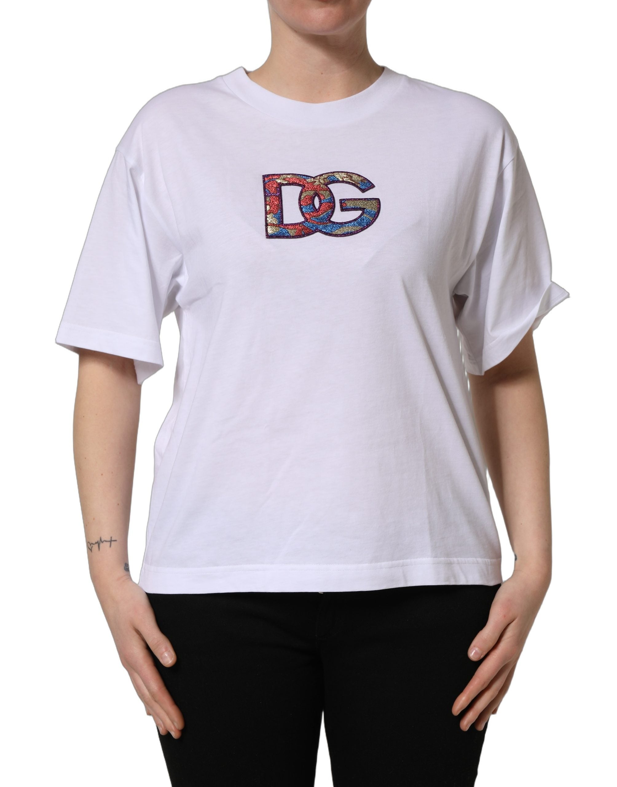 White Cotton DG Logo Patch Crew Neck T-shirt