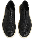 Black Leather Lace Up Low Top Sneakers Shoes