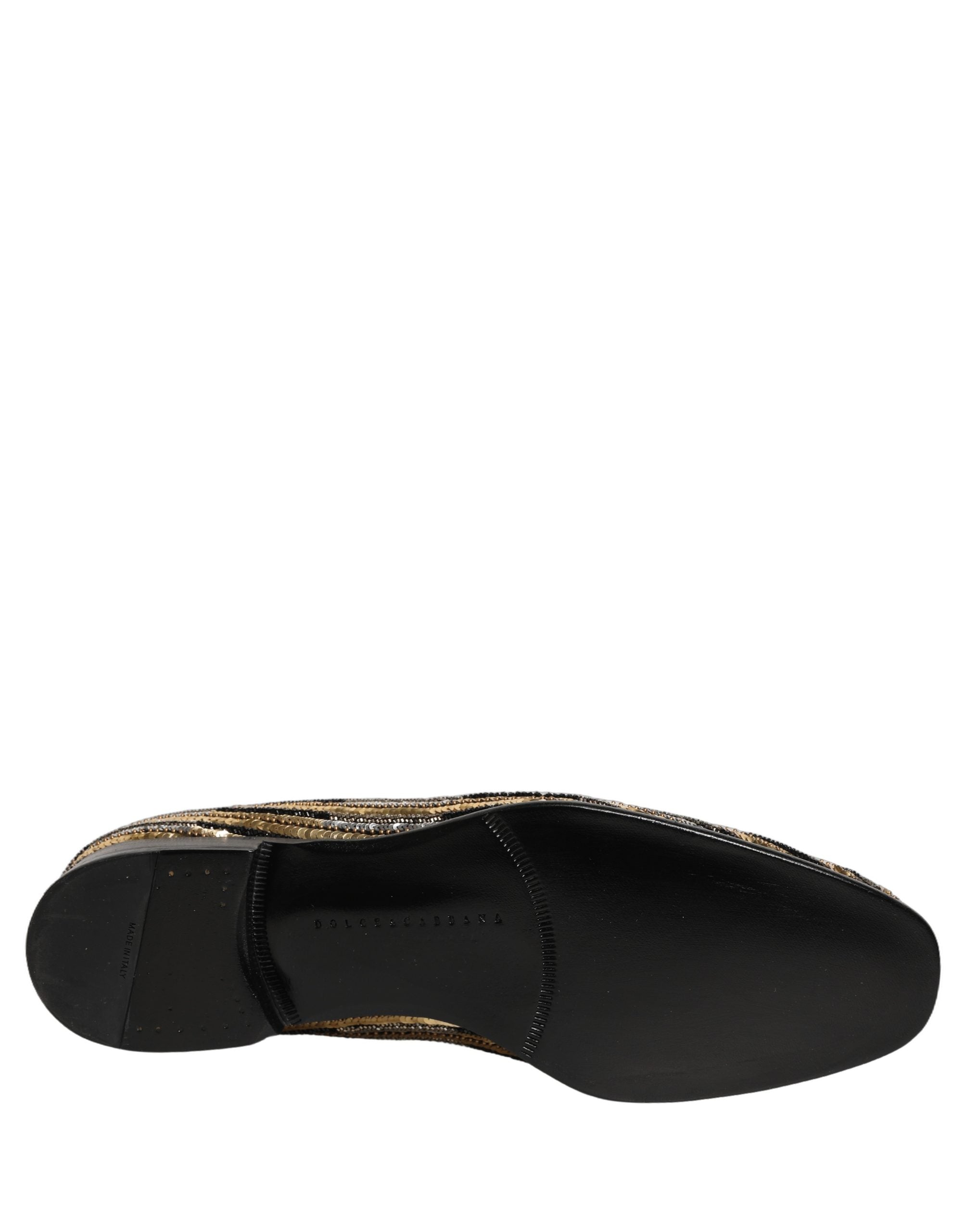 Gold Striped Sequin Embellished Loafer Shoes