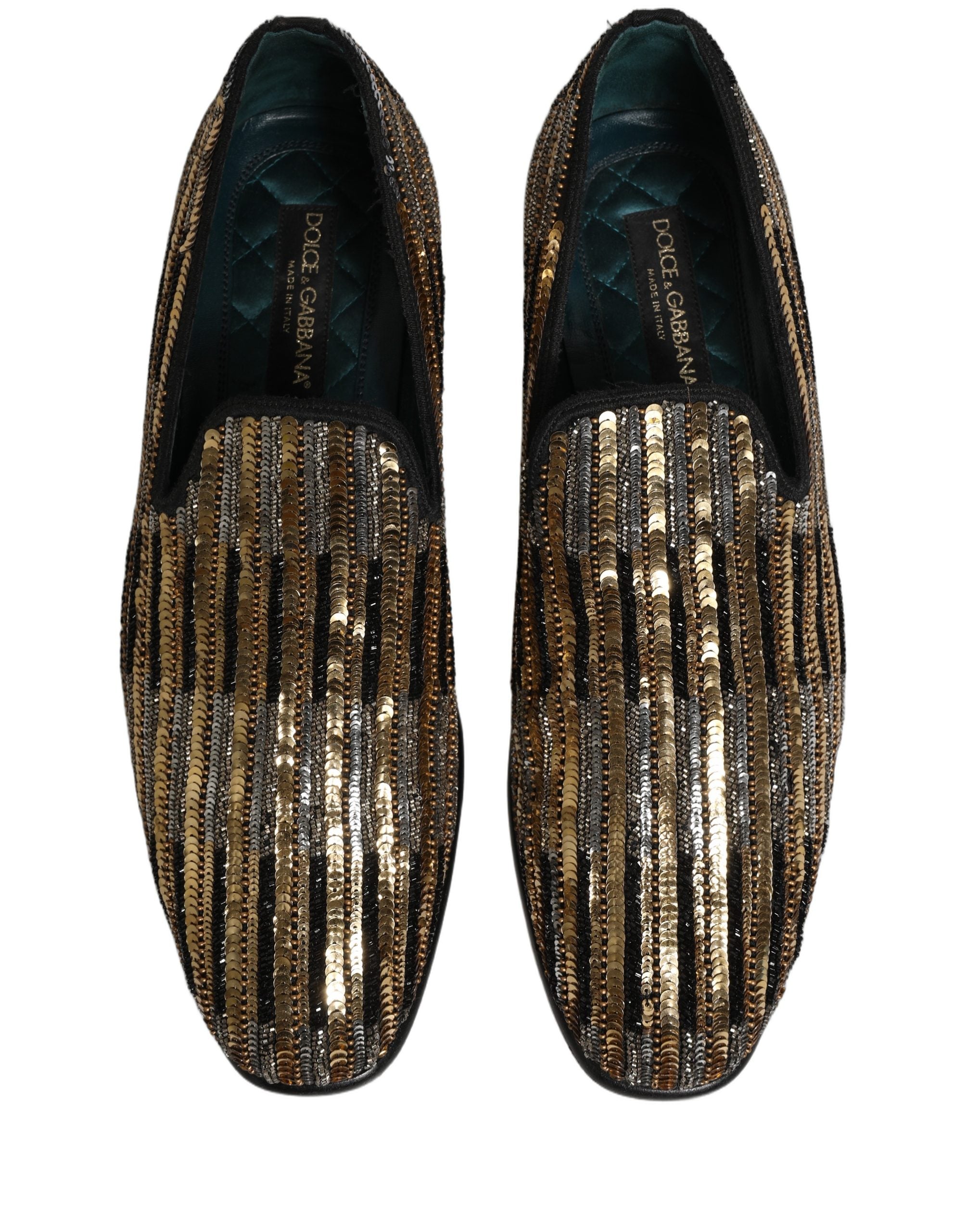 Gold Striped Sequin Embellished Loafer Shoes