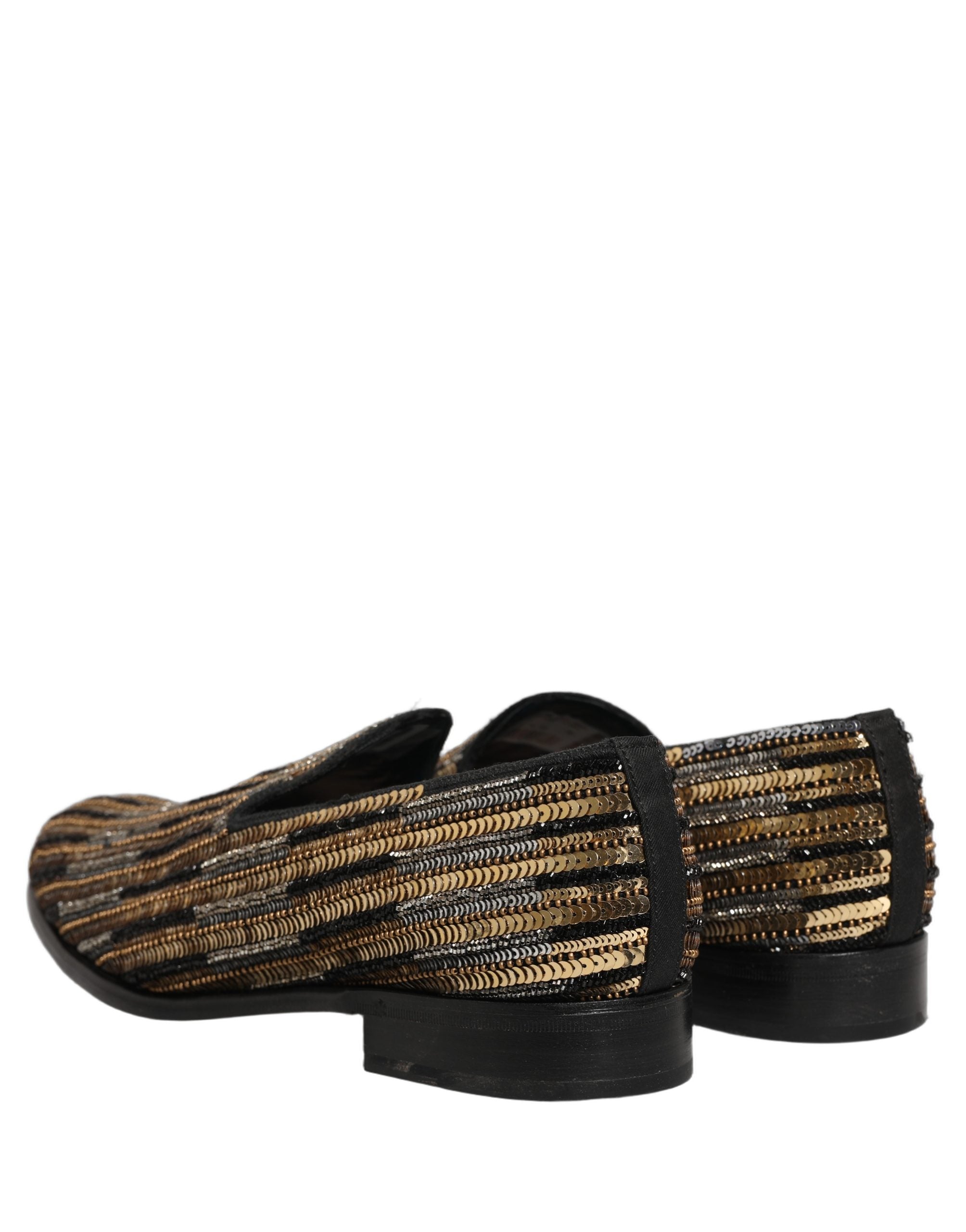 Gold Striped Sequin Embellished Loafer Shoes