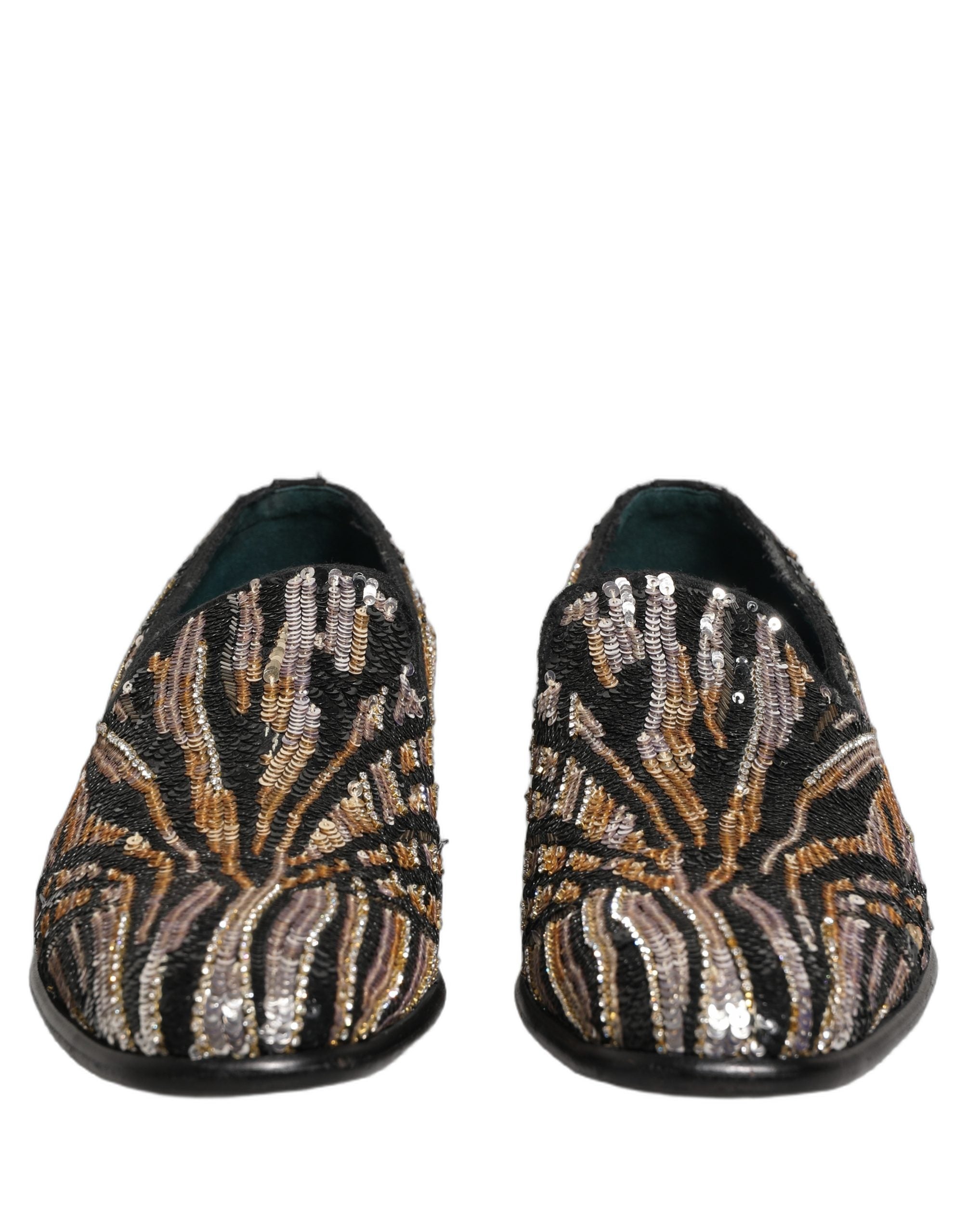 Gold Striped Sequin Embellished Loafer Shoes