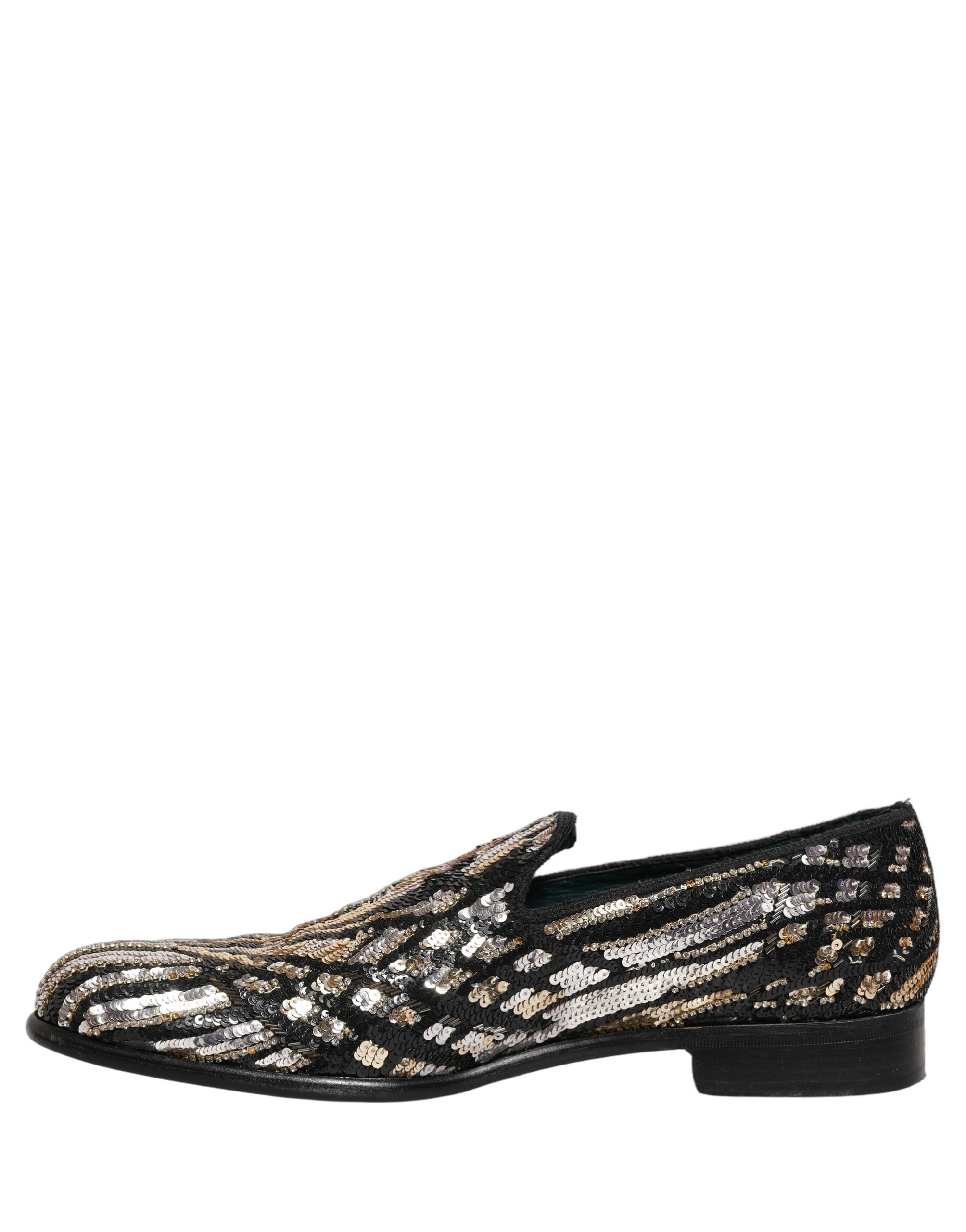 Gold Striped Sequin Embellished Loafer Shoes