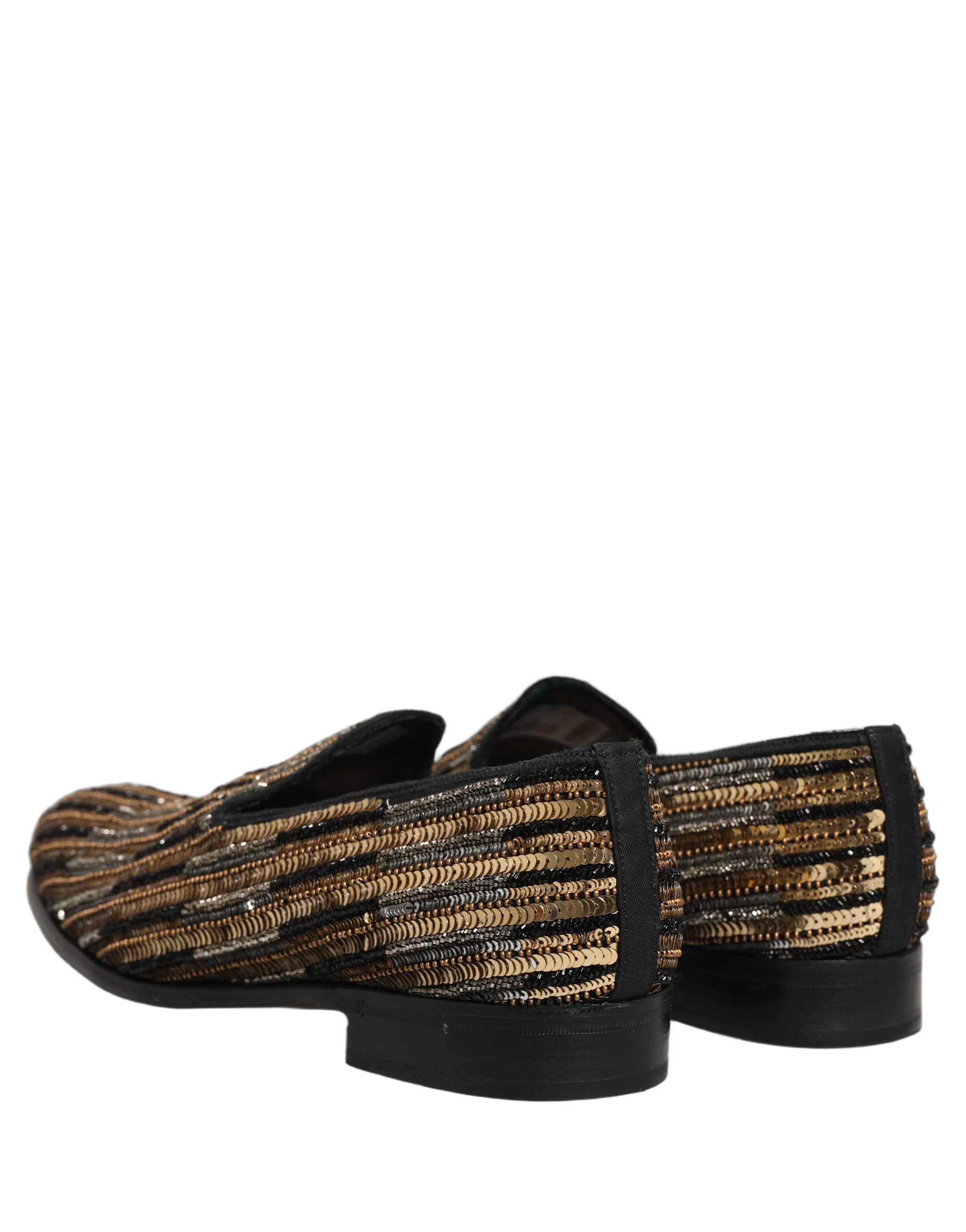 Gold Striped Sequin Embellished Loafer Shoes