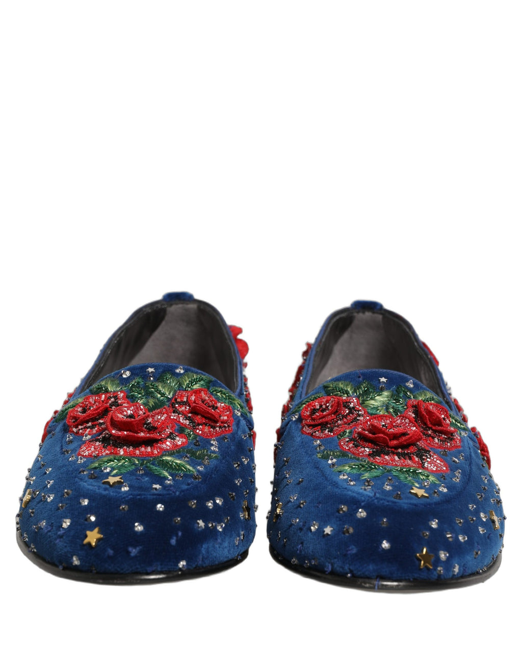 Blue Velvet Floral Slip On Dress Loafers Shoes