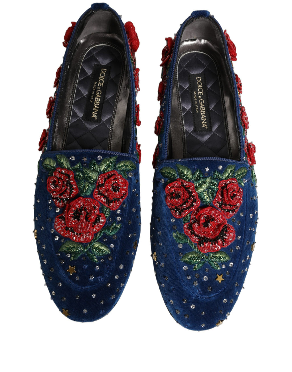 Blue Velvet Floral Slip On Dress Loafers Shoes
