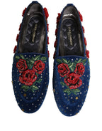 Blue Velvet Floral Slip On Dress Loafers Shoes