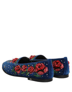 Blue Velvet Floral Slip On Dress Loafers Shoes