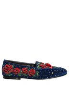 Blue Velvet Floral Slip On Dress Loafers Shoes