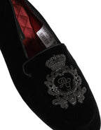 Black Velvet Crown Embroidery Loafers Shoes
