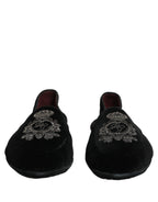 Black Velvet Crown Embroidery Loafers Shoes