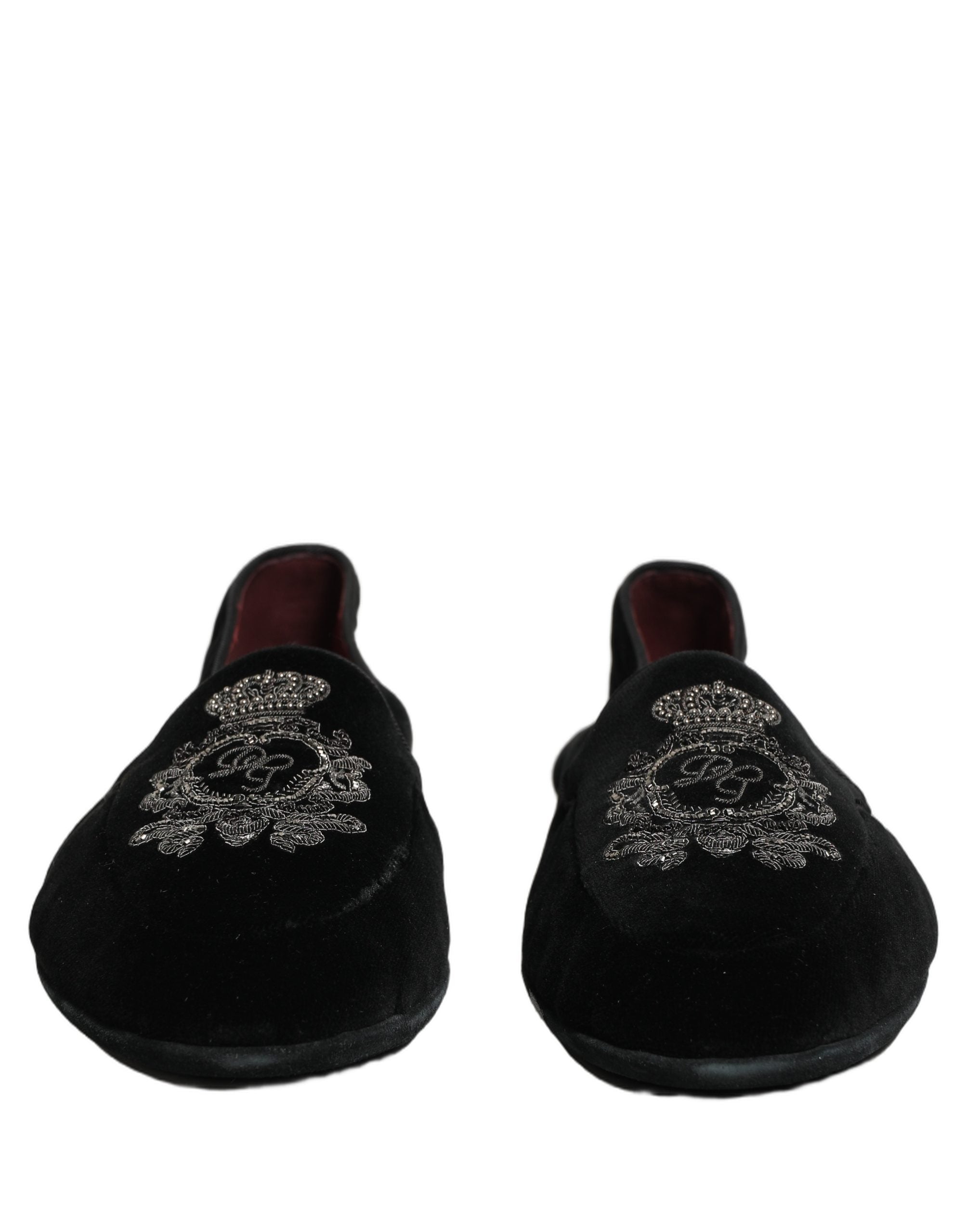 Black Velvet Crown Embroidery Loafers Shoes
