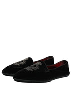 Black Velvet Crown Embroidery Loafers Shoes