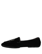 Black Velvet Crown Embroidery Loafers Shoes