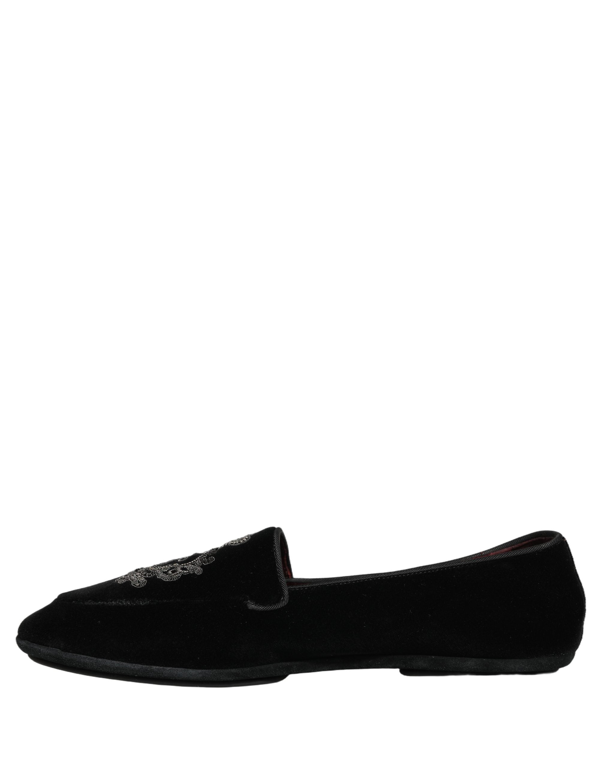 Black Velvet Crown Embroidery Loafers Shoes
